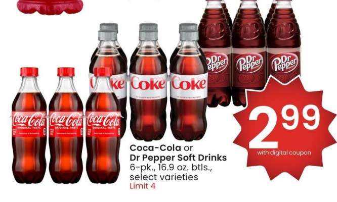 Coca-Cola or Dr Pepper Soft Drinks - 6 - pk., 16.9 oz. btls., select varieties