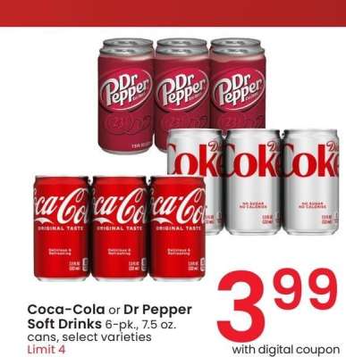 Coca-Cola or Dr Pepper Soft Drinks - 6 - pk., 7.5 oz. cans, select varieties