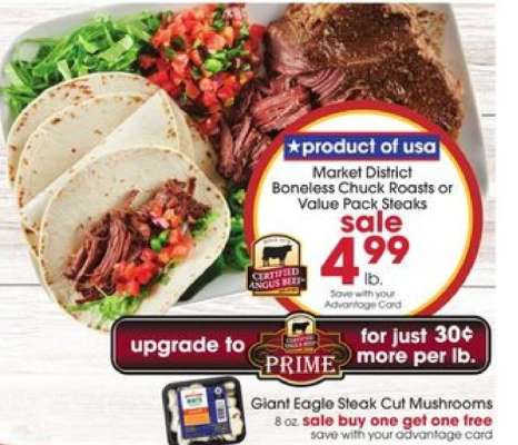 Market District Boneless Chuck Roasts or Value Pack Steaks