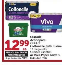 Cascade Actionpacs 26-43 ct. Cottonelle Bath Tissue 12 mega rolls Selected varieties or Viva Paper Towels 8 double rolls - Single Member Price: $14.99