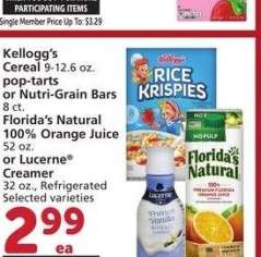 Kellogg's Cereal 9-12.6 oz. pop-tarts or Nutri-Grain Bars 8 ct. Florida's Natural 100% Orange Juice 52 oz. or Lucerne® Creamer 32 oz., Refrigerated