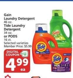 Gain Laundry Detergent 46 oz., Tide Laundry Detergent 34 oz., or PODS 16 ct - Selected varieties

Member Price: $5.99