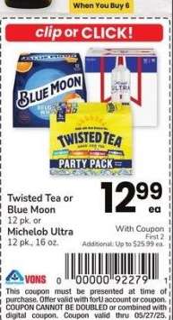 Twisted Tea or Blue Moon 12 pk. or Michelob Ultra 12 pk., 16 oz.