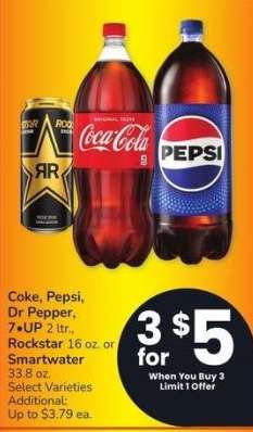 Coke, Pepsi, Dr Pepper, 7 • UP 2 ltr., Rockstar 16 oz. or Smartwater 33.8 oz. - Select Varieties