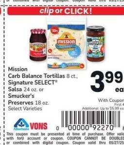 Mission Carb Balance Tortillas 8 ct., Signature SELECT® Salsa 24 oz. or Smucker's Preserves 18 oz. - Select Varieties