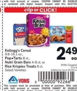 Kellogg's Cereal 9.6-16.1 oz., Pop • Tarts 8 ct., Nutri Grain Bars 4-8 ct. or Rice Krispies Treats 8 ct. - Select Varieties