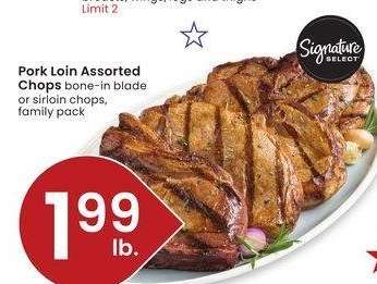 Pork Loin Assorted Chops - bone - in blade or sirloin chops, family pack