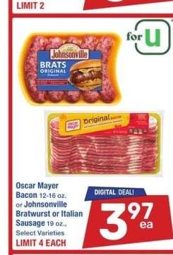 Oscar Mayer Bacon 12-16 oz. or Johnsonville Bratwurst or Italian Sausage 19 oz. - Select Varieties