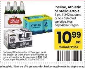Incline, Athletic or Stella Artois - 6 pk., 11.2-12 oz. cans or btls. Selected varieties.