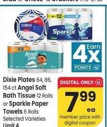 Dixie Plates 64, 86, 154 ct Angel Soft Bath Tissue 12 Rolls or Sparkle Paper Towels 6 Rolls - Selected Varieties