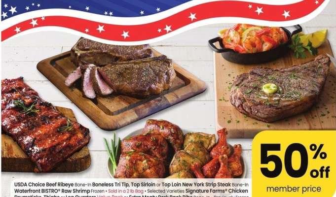 USDA Choice Beef Ribeye Bone-In Boneless Tri Tip, Top Sirloin or Top Loin York Signature Farms® Chicken Drumsticks, Thighs or Leg Quarters Value Pack or Extra Meaty Pork Back Ribs Bone-In • Previously Frozen - Bone - In Waterfront BISTRO® Raw Shrimp Frozen
• Sold in a 2 lb Bag • Selected Varieties