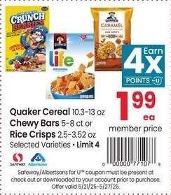 Quaker Cereal 10.3-13 oz Chewy Bars 5-8 ct or Rice Crisps 2.5-3.52 oz - Selected Varieties