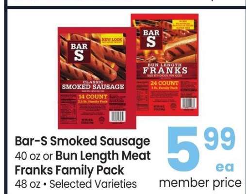 Bar-S Smoked Sausage 40 oz or Bun Length Meat Franks Family Pack 48 oz - Selected Varieties