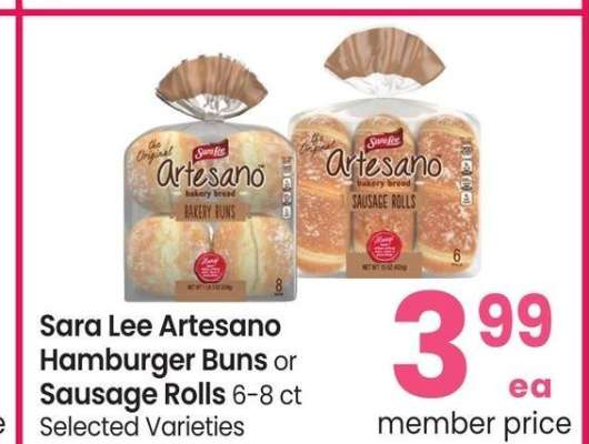 Sara Lee Artesano Hamburger Buns or Sausage Rolls - 6-8 ct, Selected Varieties