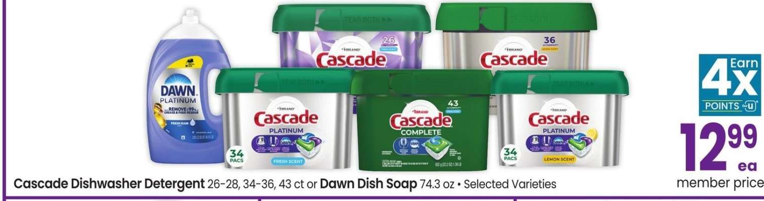Cascade Dishwasher Detergent 26-28, 34-36, 43 ct or Dawn Dish Soap 74.3 oz - Selected Varieties