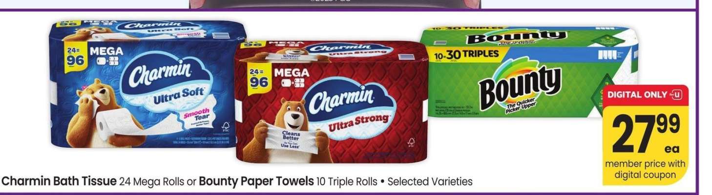 Charmin Bath Tissue 24 Mega Rolls or Bounty Paper Towels 10 Triple Rolls - Selected Varieties