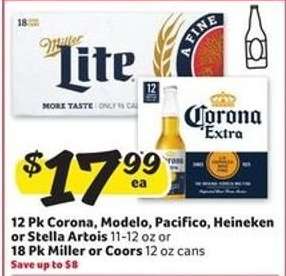 12 Pk Corona, Modelo, Pacifico, Heineken or Stella Artois or 18 Pk Miller or Coors