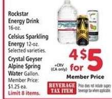 Rockstar Energy Drink, Celsius Sparkling Energy, Crystal Geyser Alpine Spring Water