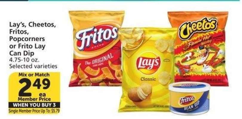 Lay's, Cheetos, Fritos, Popcorners or Frito Lay Can Dip - 4.75-10 oz.
Selected varieties

Single Member Price Up To: $5.79

Mix or Match