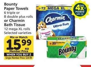 Bounty Paper Towels 6 triple or 8 double plus rolls or Charmin Bath Tissue 12 mega XL rolls - Selected varieties
Mix or Match
Single Member Price: $19.99