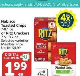 Nabisco Toasted Chips 7-8.1 oz. or Ritz Crackers 7.5-13.7 oz. - Selected varieties

Member Price Up To: $4.99