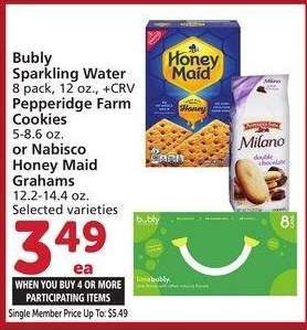 Bubly Sparkling Water 8 pack, 12 oz., Pepperidge Farm Cookies 5-8.6 oz. or Nabisco Honey Maid Grahams 12.2-14.4 oz. - Selected varieties
Single Member Price Up To: $5.49

Mix or match on four or more participating items in a single transaction. With Membership where applicable.