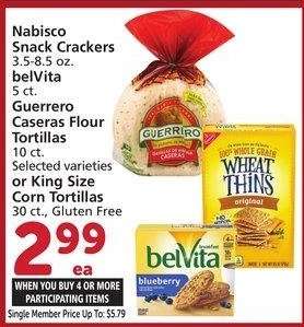 Nabisco Snack Crackers 3.5-8.5 oz. belVita 5 ct. Guerrero Caseras Flour Tortillas 10 ct. Selected varieties or King Size Corn Tortillas 30 ct., Gluten Free - Mix or match on four or more participating items in a single transaction. With Membership where applicable.

Single Member Price Up To: $5.79