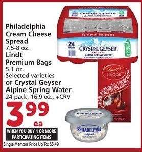 Philadelphia Cream Cheese Spread 7.5-8 oz., Lindt Premium Bags 5.1 oz., Selected varieties or Crystal Geyser Alpine Spring Water 24 pack, 16.9 oz. - Single Member Price Up To: $5.49
Mix or match on four or more participating items in a single transaction. With Membership where applicable.
