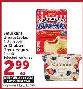 Smucker's Uncrustables 4 ct., Frozen or Chobani Greek Yogurt 4 pack - Selected varieties

Single Member Price Up To: $5.49

Mix or match on four or more participating items in a single transaction. With Membership where applicable.