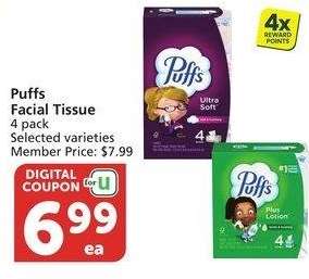 Puffs Facial Tissue* - 4 pack Selected varieties
Member Price: $7.99