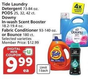 Tide Laundry Detergent 73-84 oz. PODS 25, 32, 42 ct. Downy In-wash Scent Booster 18.2-19.4 oz. Fabric Conditioner 93-140 oz. or Bounce 180 ct. - Selected varieties 
Member Price: $12.99