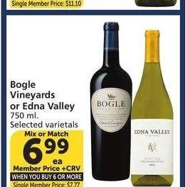 Bogle Vineyards or Edna Valley - 750 ml.
Selected varietals
Mix or Match

Single Member Price: $7.77