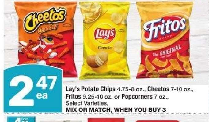 Lay's Potato Chips 4.75-8 oz., Cheetos 7-10 oz., Fritos 9.25-10 oz. or Popcorners 7 oz. - Select Varieties
MIX OR MATCH