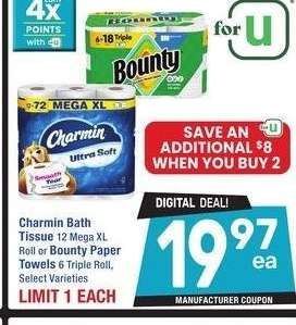 Charmin Bath Tissue 12 Mega XL Roll or Bounty Paper Towels 6 Triple Roll - Select Varieties