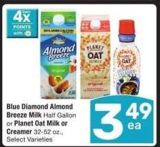 Diamond Almond Breeze Milk Half Gallon or Planet Oat Milk or Creamer 32-52 oz - Select Varieties