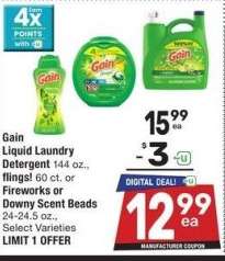 Gain Liquid Laundry Detergent 144 oz., flings! 60 ct. or Fireworks or Downy Scent Beads 24-24.5 oz. - Select Varieties