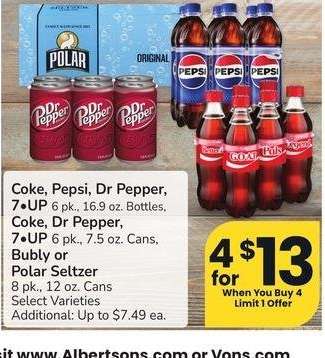 Coke, Pepsi, Dr Pepper, 7•UP 6 pk., 16.9 oz. Bottles, Coke, Dr Pepper, 7•UP 6 pk., 7.5 oz. Cans, Bubly or Polar Seltzer 8 pk., 12 oz. Cans - Select Varieties