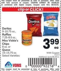 Doritos 9-10.75 oz., Ruffles 7.25-8.5 oz., Miss Vickie's Chips 8 oz. or Queso 15-15.75 oz. - Select Varieties