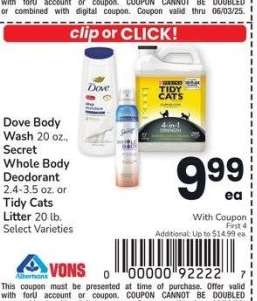 Dove Body Wash 20 oz., Secret Whole Body Deodorant 2.4-3.5 oz. or Tidy Cats Litter 20 lb. - Select Varieties
