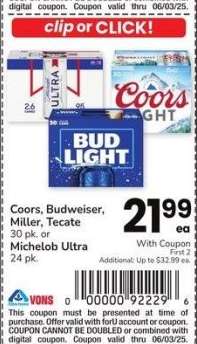 Coors, Budweiser, Miller, Tecate 30 pk. or Michelob Ultra 24 pk.