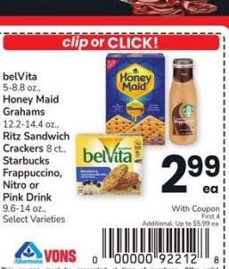 belVita 5-8.8 oz., Honey Maid Grahams 12.2-14.4 oz., Ritz Sandwich Crackers 8 ct., Starbucks Frappuccino, Nitro or Pink Drink 9.6-14 oz. - Select Varieties