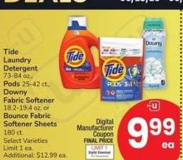 Tide Laundry Detergent 73-84 oz., Pods 25-42 ct., Downy Fabric Softener 18.2-19.4 oz. or Bounce Fabric Softener Sheets 180 ct. - Select Varieties
