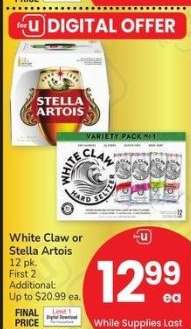White Claw or Stella Artois - 12 pk.