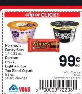 Hershey's Candy Bars 1.4-1.85 oz., Dannon Greek, Light + Fit or Too Good Yogurt 5.3 oz. - Select Varieties