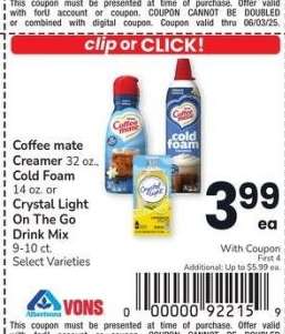 Coffee mate Creamer 32 oz., Cold Foam 14 oz. or Crystal Light On The Go Drink Mix 9-10 ct. - Select Varieties