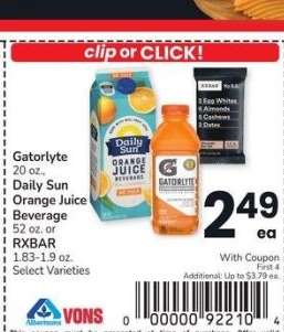 Gatorlyte 20 oz., Daily Sun Orange Juice Beverage 52 oz. or RXBAR 1.83-1.9 oz. - Select Varieties
