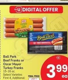 Ball Park Beef Franks or Oscar Mayer Turkey Franks - 15-16 oz. Select Varieties