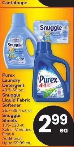 Purex Laundry Detergent 43.5-50 oz., Snuggle Liquid Fabric Softener 35.7-39.4 oz. or Snuggle Sheets 105-120 ct. - Select Varieties