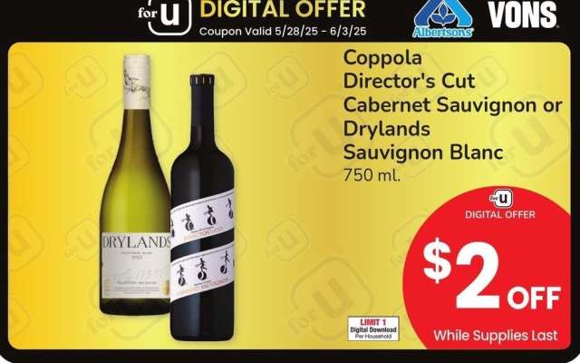 Coppola Director's Cut Cabernet Sauvignon or Drylands Sauvignon Blanc - 750 ml.