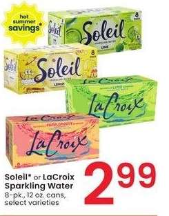 Soleil or LaCroix Sparkling Water - 8 - pk., 12 oz. cans, select varieties